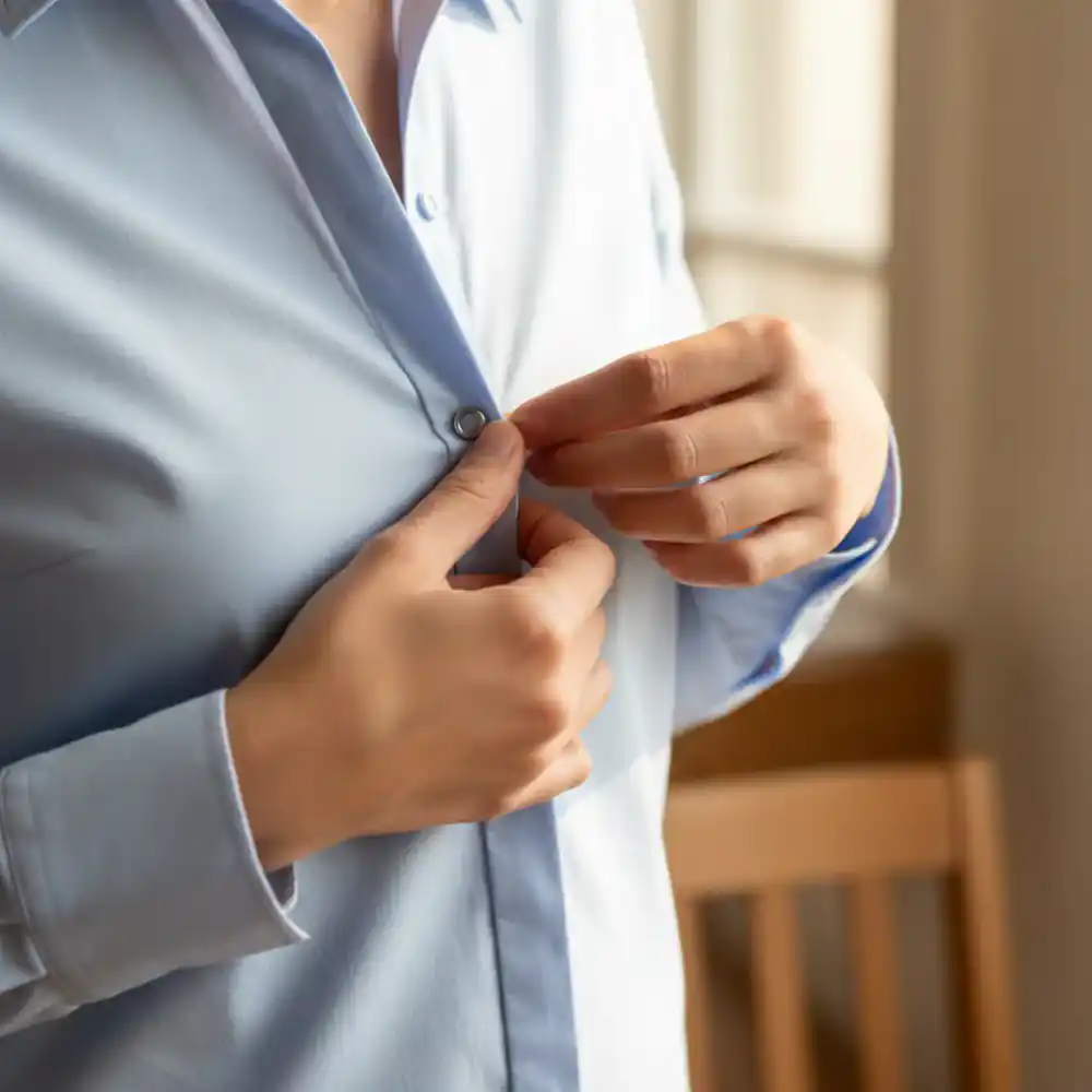 Close up of a hand easily closing a shirt front using hidden magnets
