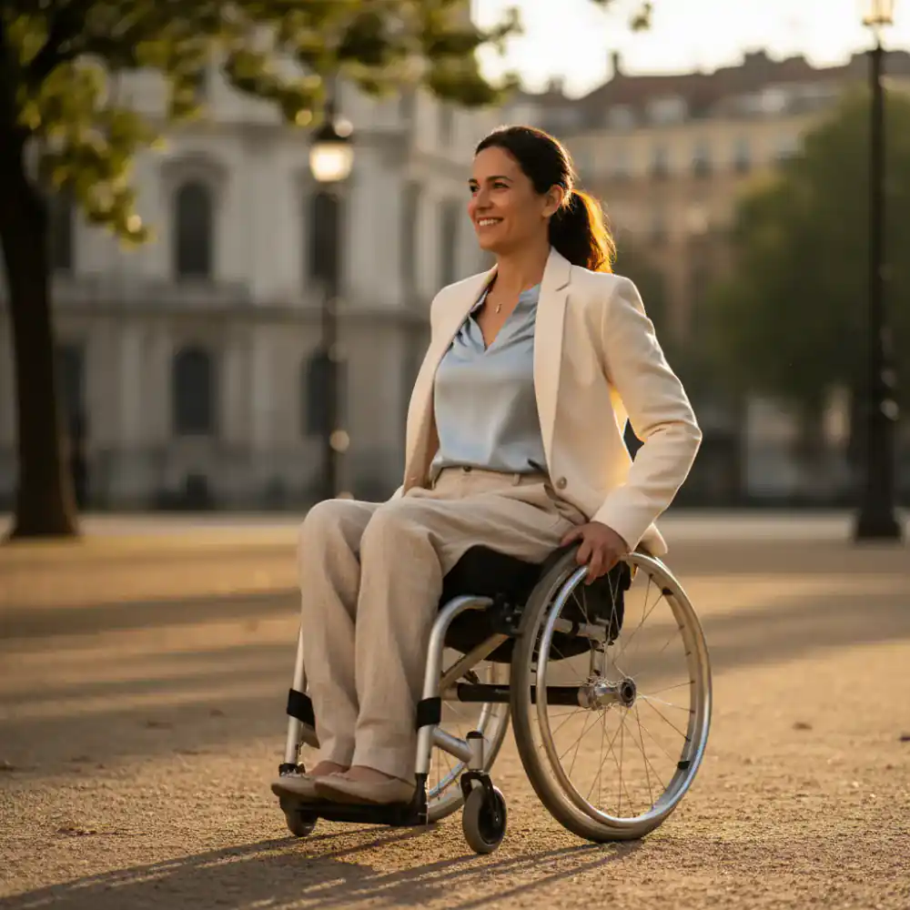 Person in a wheelchair wearing tailored trousers designed for a seated position