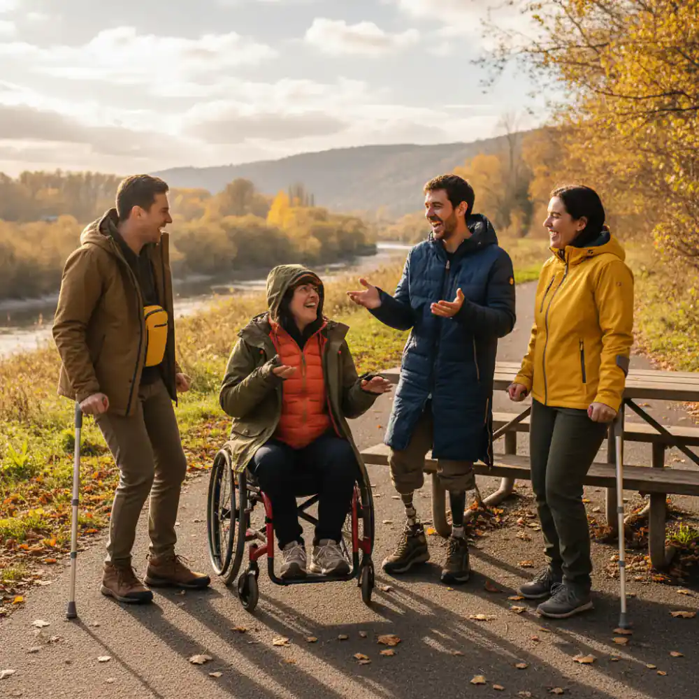 A group of friends wearing stylish adaptive outerwear, interacting outdoors