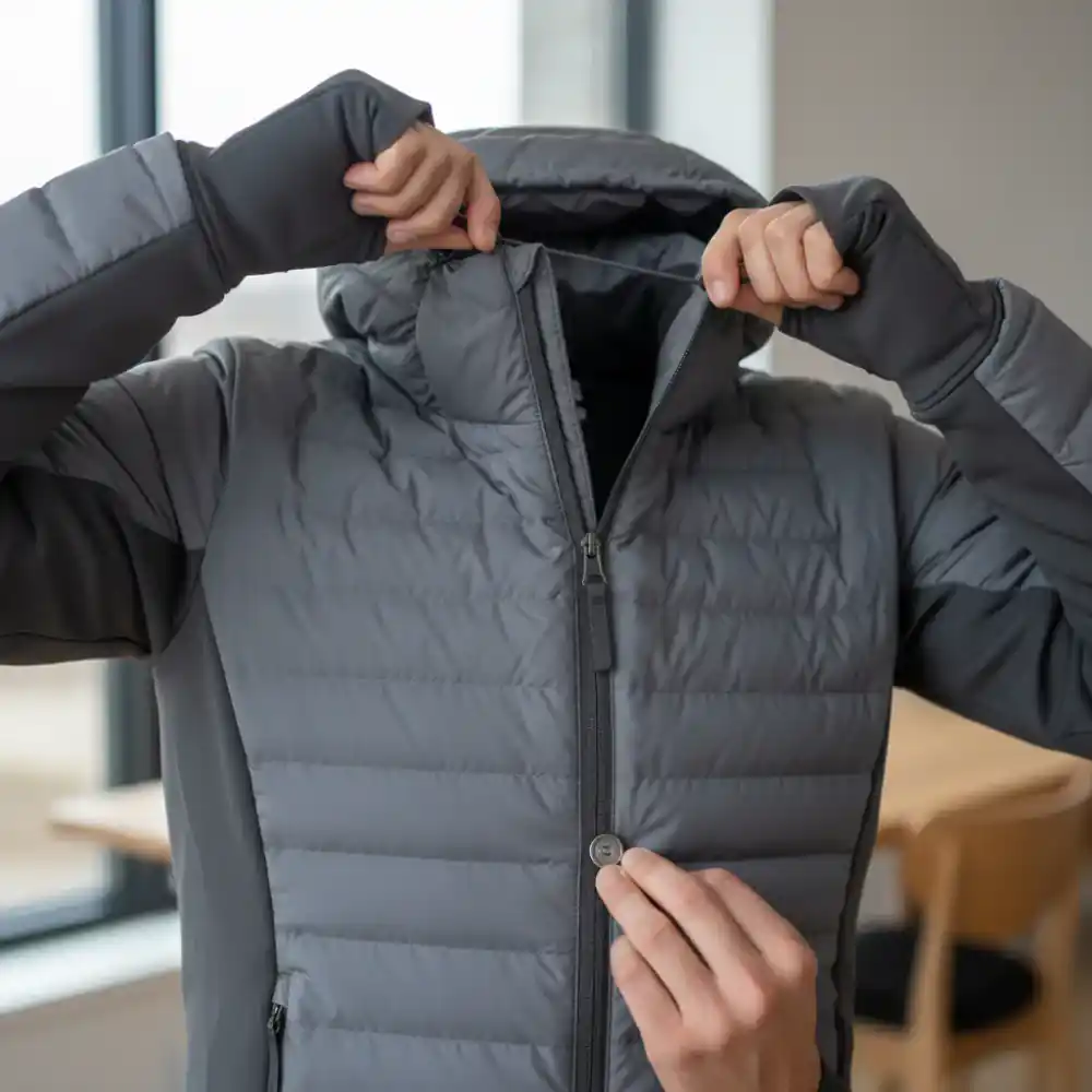 Close-up of seamless adaptive jacket features being adjusted easily