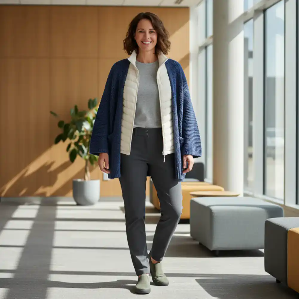 Person wearing layered adaptive clothing