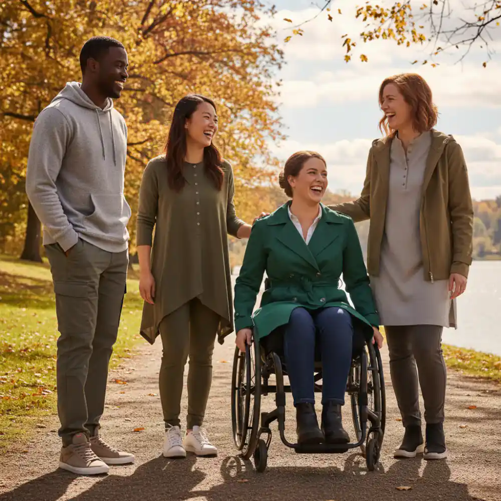 A diverse group of friends, including a wheelchair user, wearing stylish adaptive clothing outdoors