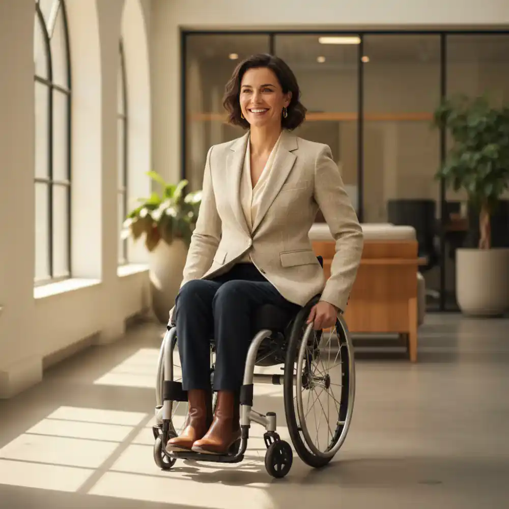 A person in a wheelchair wearing a stylish adaptive blazer
