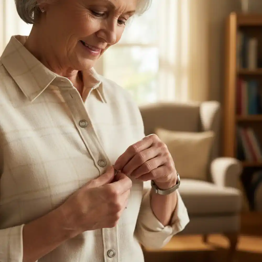 An older adult easily buttoning a magnetic shirt