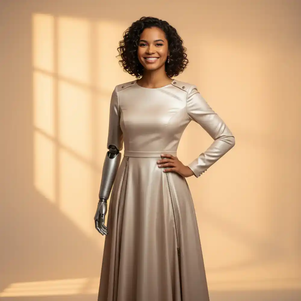 A young woman displaying her adaptive fashionable dress