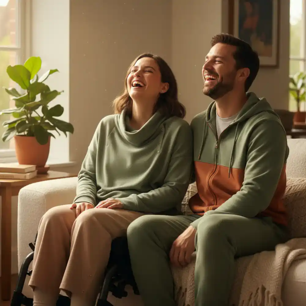Two friends laughing together in comfortable adaptive wear