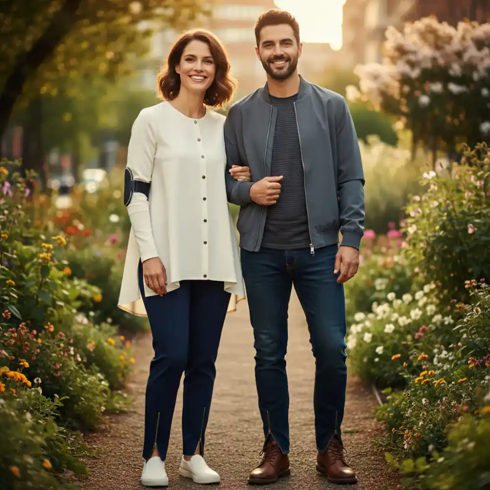 A smiling couple dressed in fashionable adaptive clothing